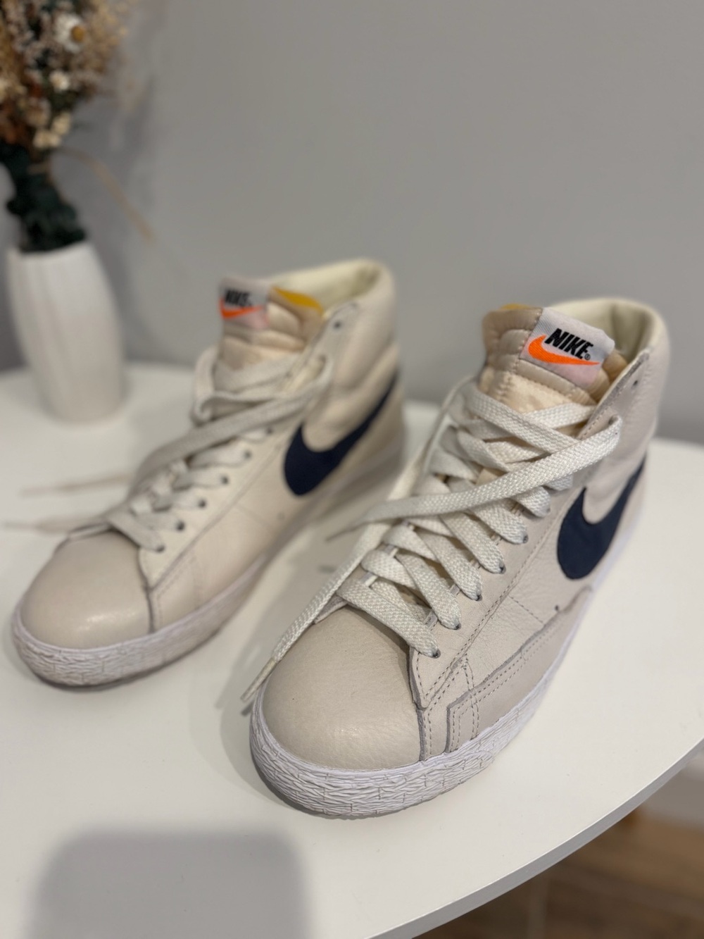 Nike Cream Leather Blazer High-Top Sneakers with Navy Swoosh - Unisex